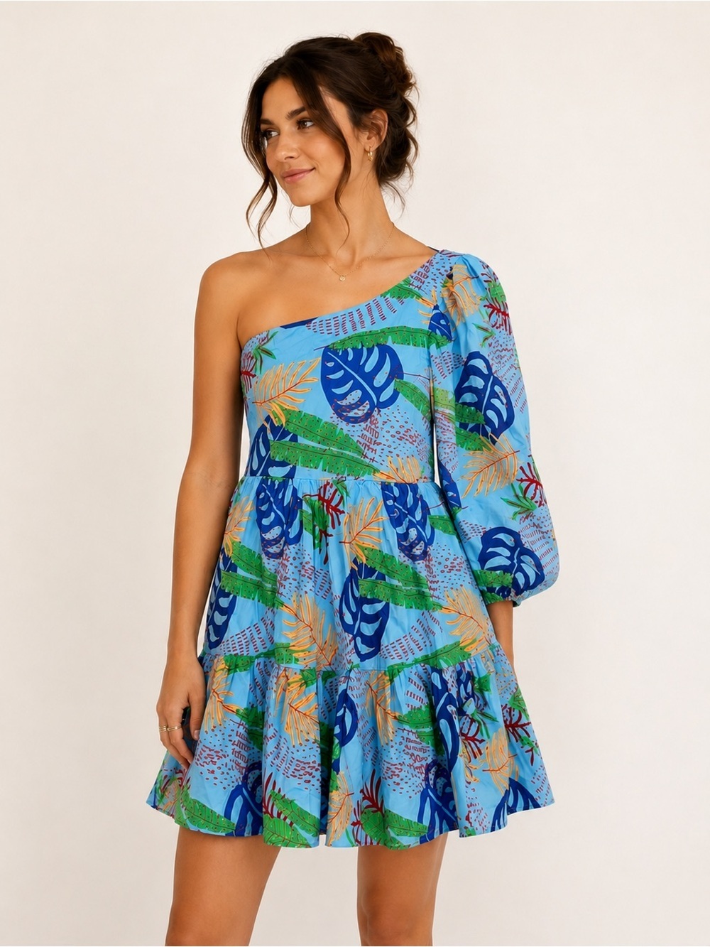 Forever 21 Tropical One Shoulder Mini Dress Blue Leaf Print Cotton